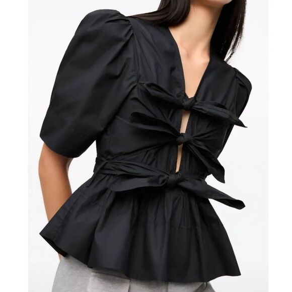 Nwt GANNI - Size  S/US 4/36 - Women's Black Tie Strap Blouse $295 - Picture 1 of 11